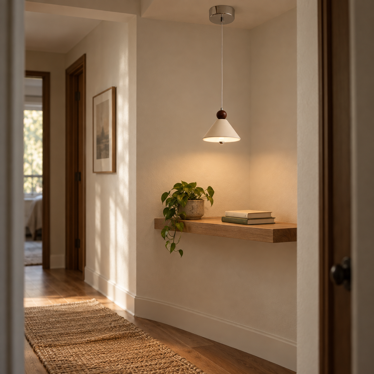 Covilhã cone pendant light, in a hallway.