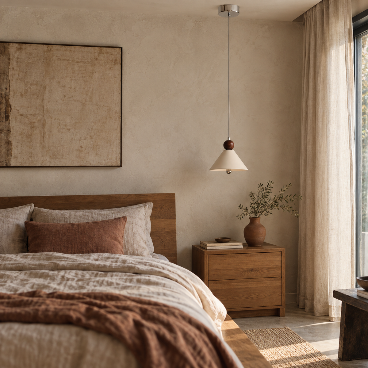 Covilhã cone pendant light, in a bedroom.