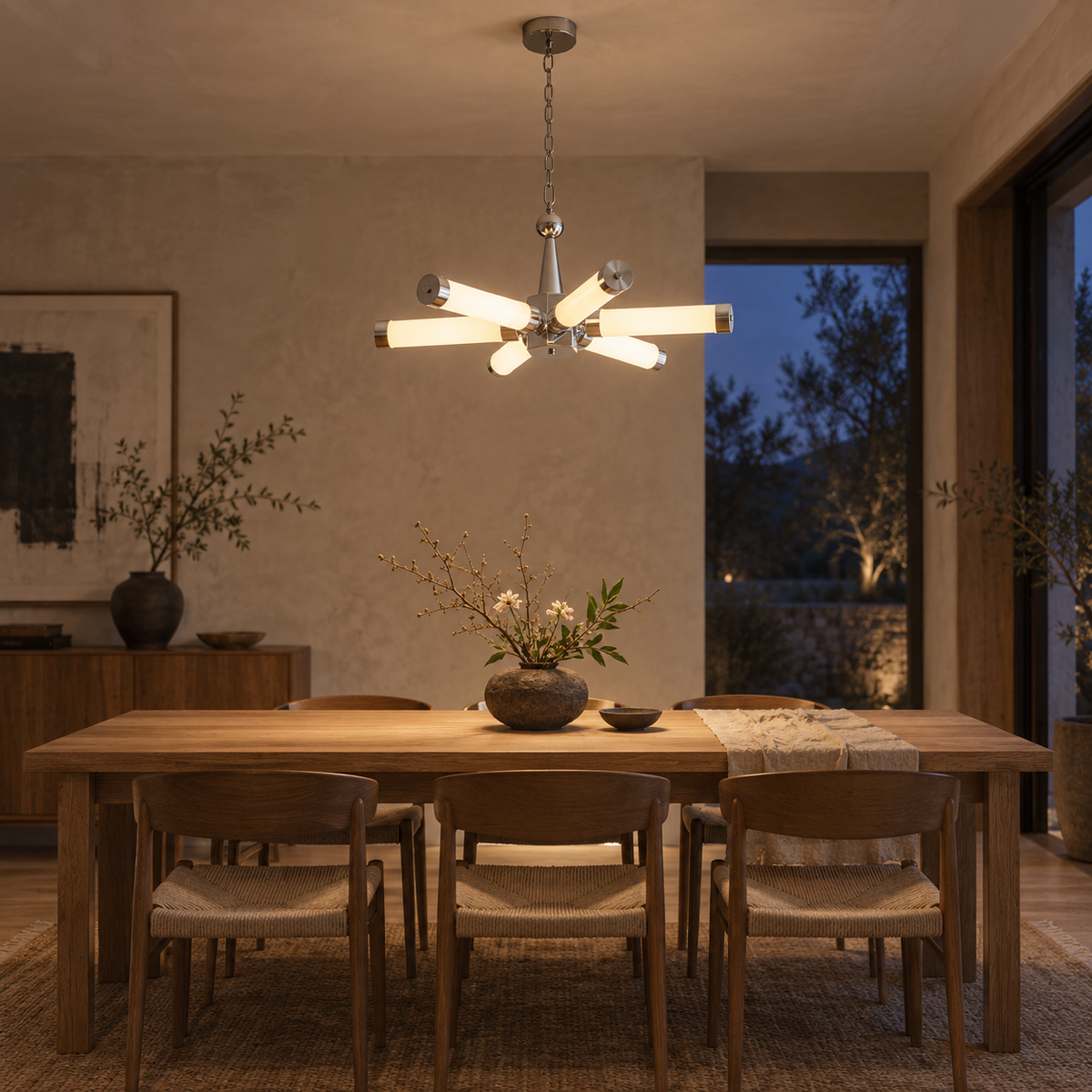 Douro cylindrical starburst ceiling light in chrome, in a dining room.