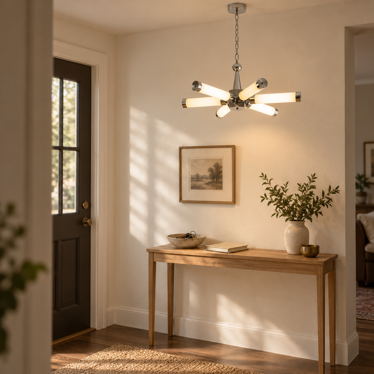 Douro cylindrical starburst ceiling light in chrome, in an entryway.