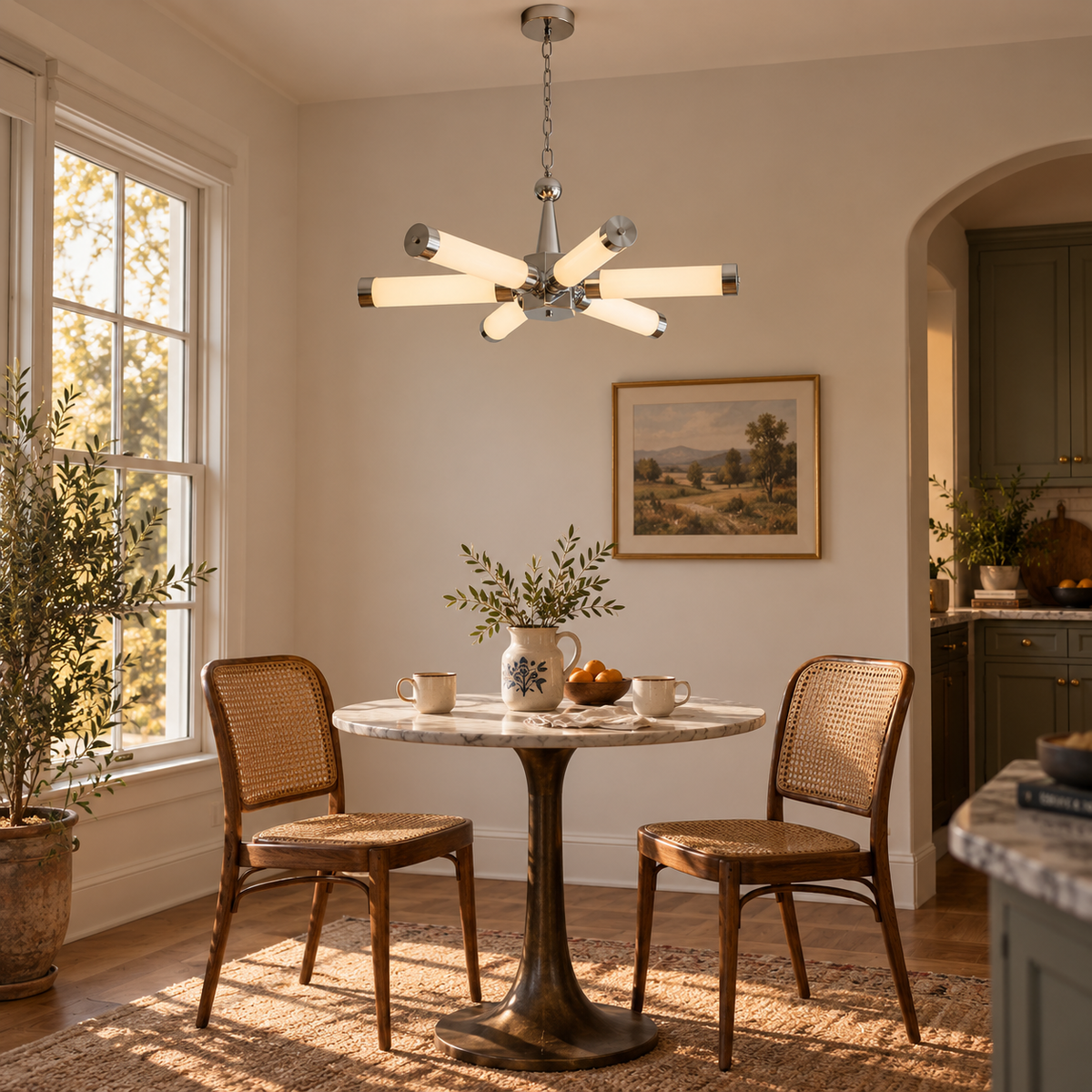Douro cylindrical starburst ceiling light in chrome, beside a breakfast nook table.