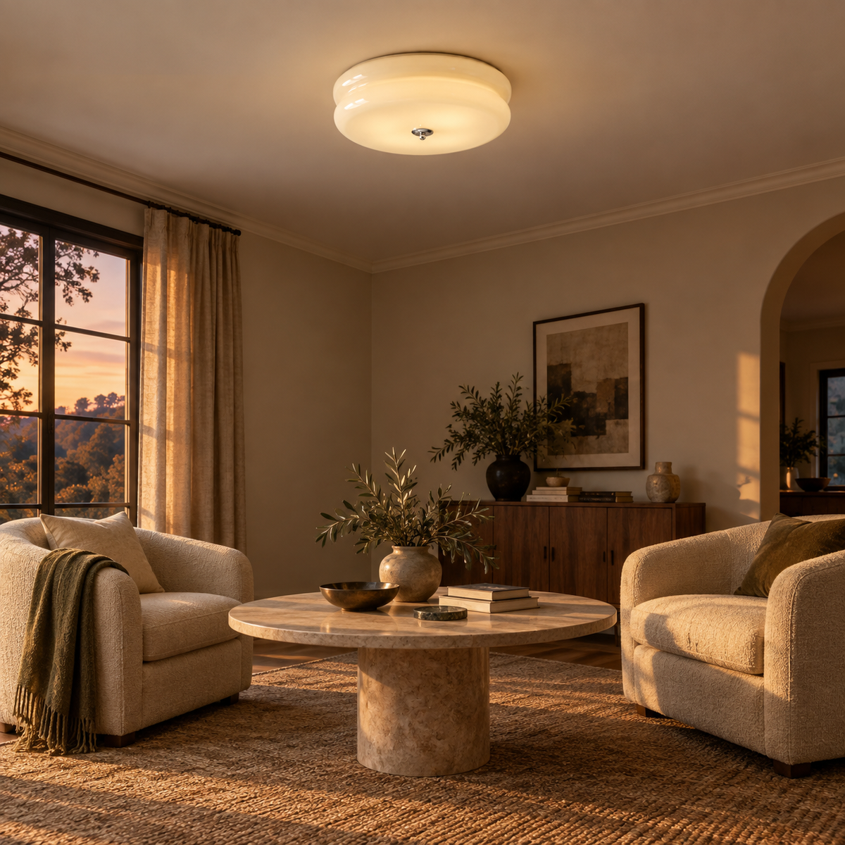 Elvas Art Deco tiered flush mount ceiling light in gold / white, in a conversation corner.