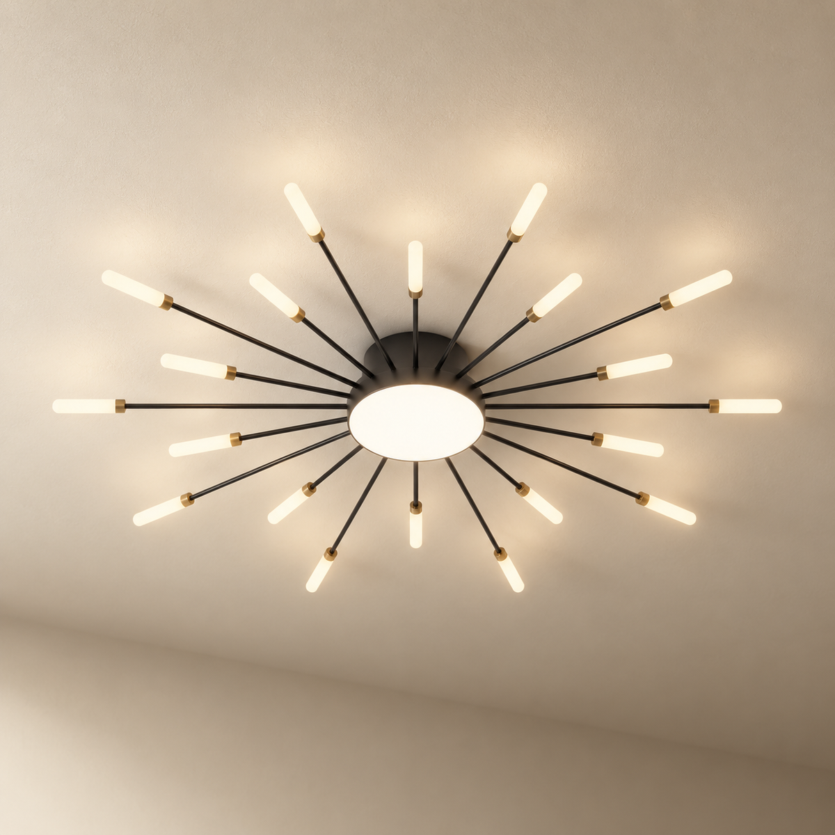 Erges flush ceiling light in black, on a plain ceiling.