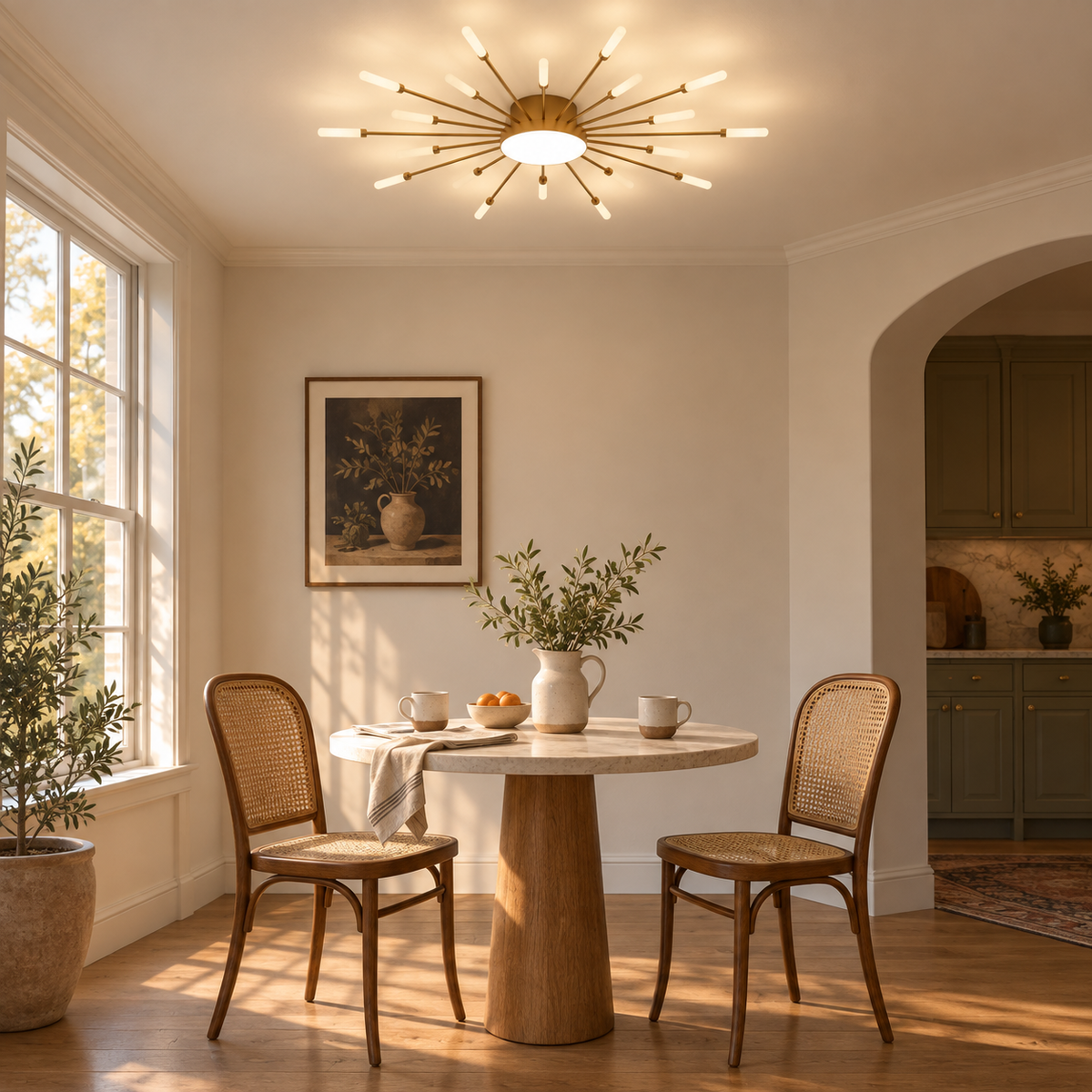 Erges flush ceiling light in black, beside a breakfast nook table.