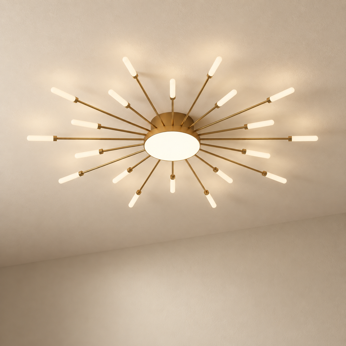 Erges flush ceiling light in gold, on a plain ceiling.