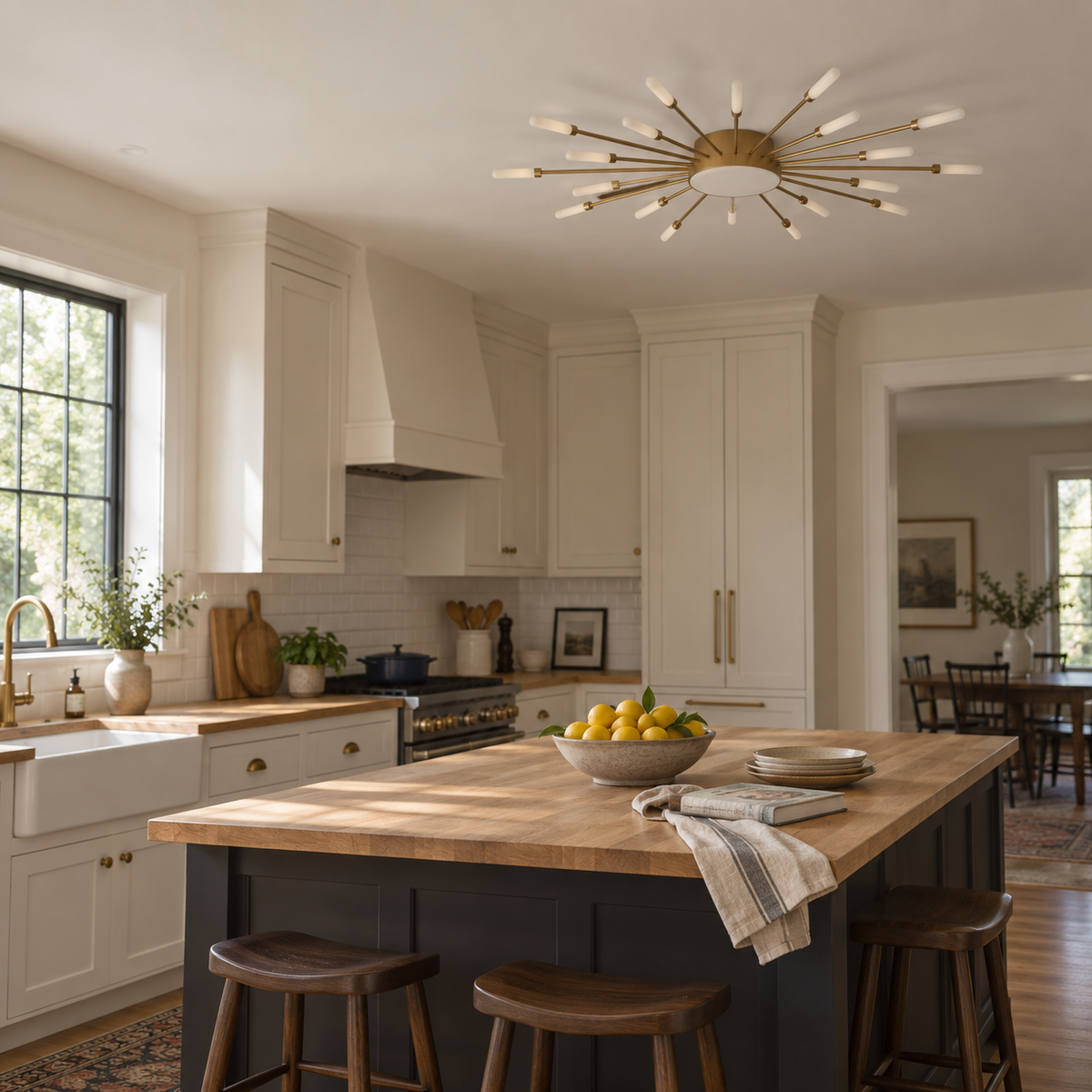 Erges flush ceiling light in gold, in a kitchen.