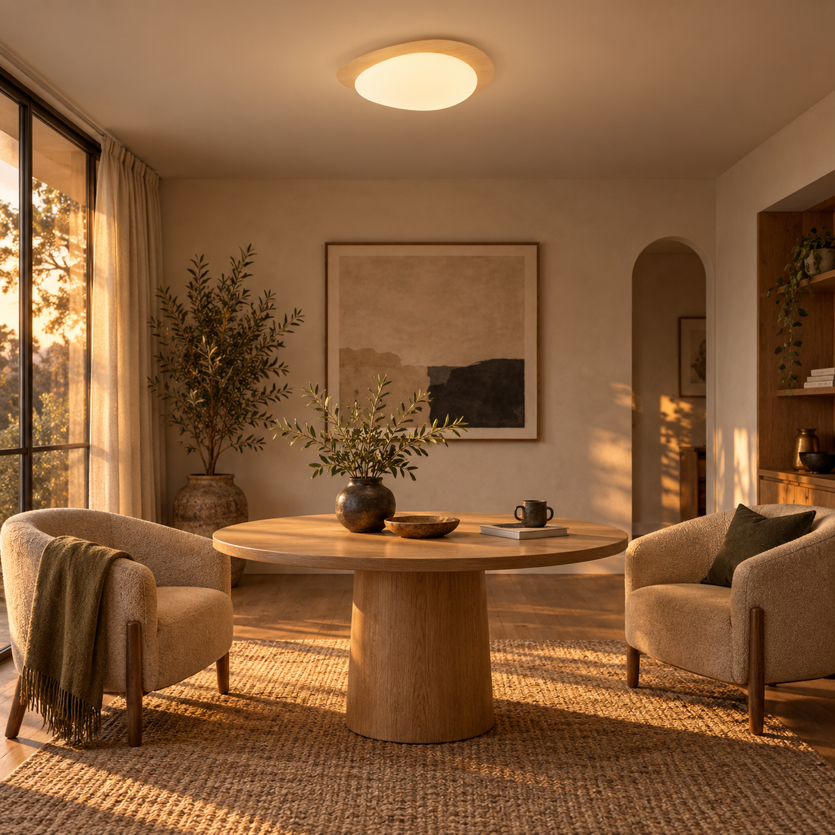Ericeira pebble form flush mount ceiling light in natural wood grain, in a conversation corner.