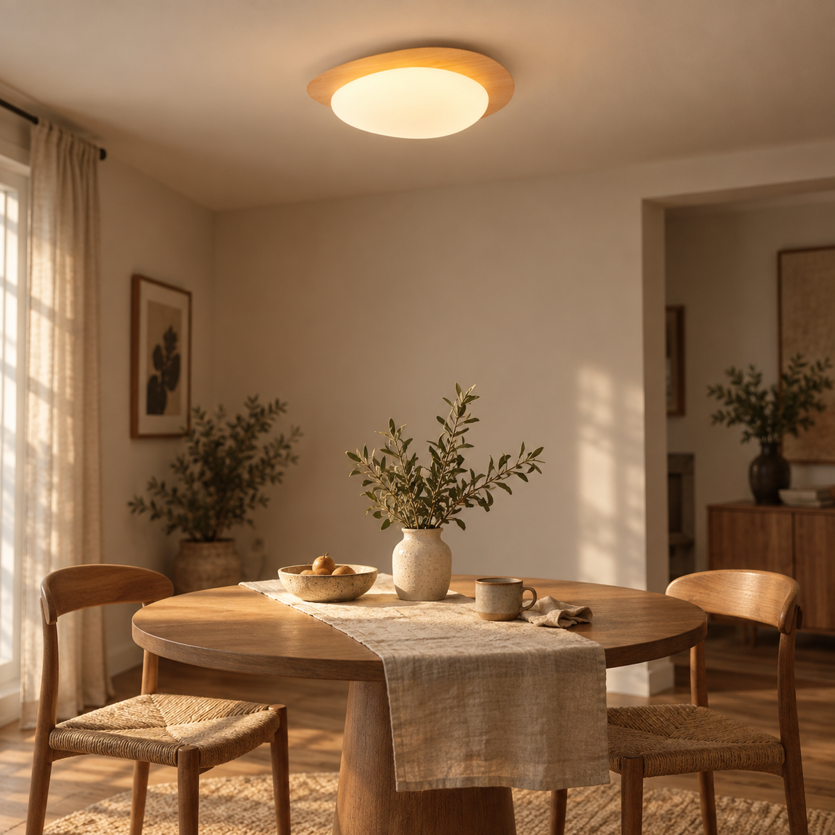Ericeira pebble form flush mount ceiling light in natural wood grain, in a dining corner.