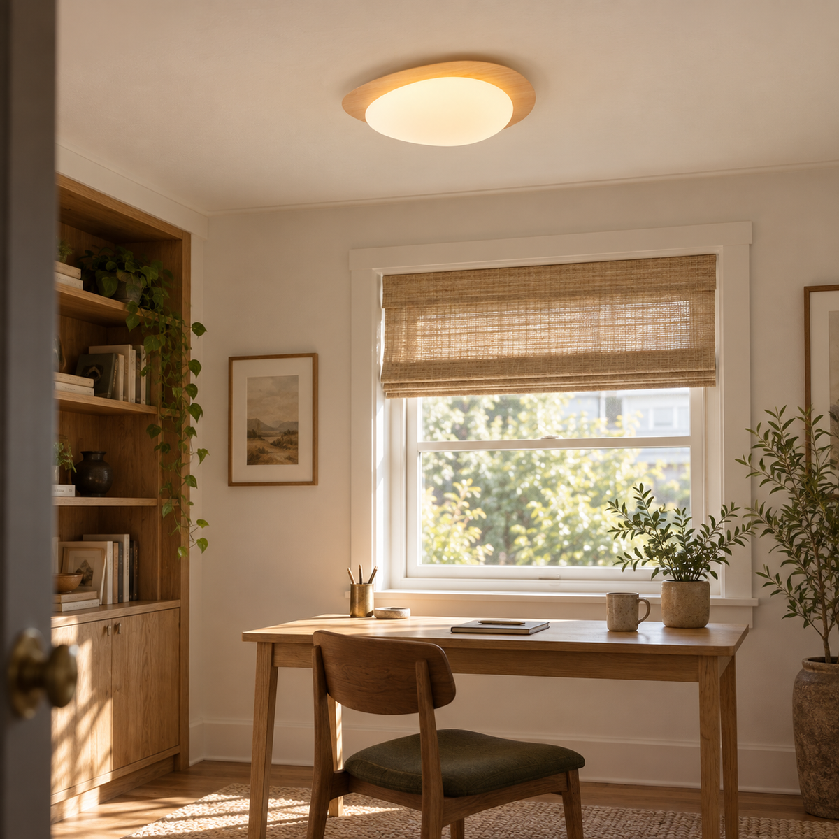Ericeira pebble form flush mount ceiling light in walnut grain, in a study.