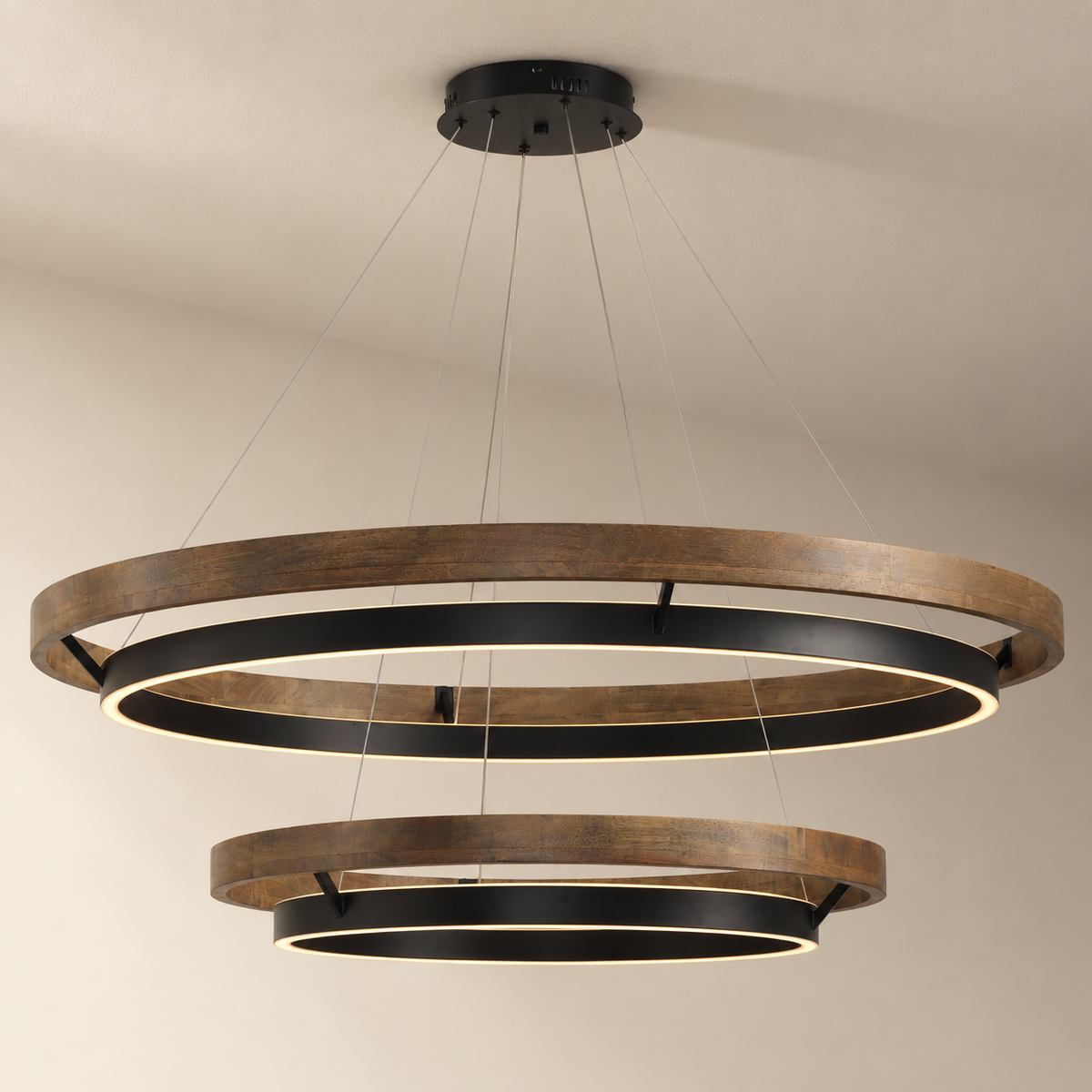Espargos circular LED ceiling light, weathered wood, two tiers, 120 and 80 cm, on a plain ceiling.
