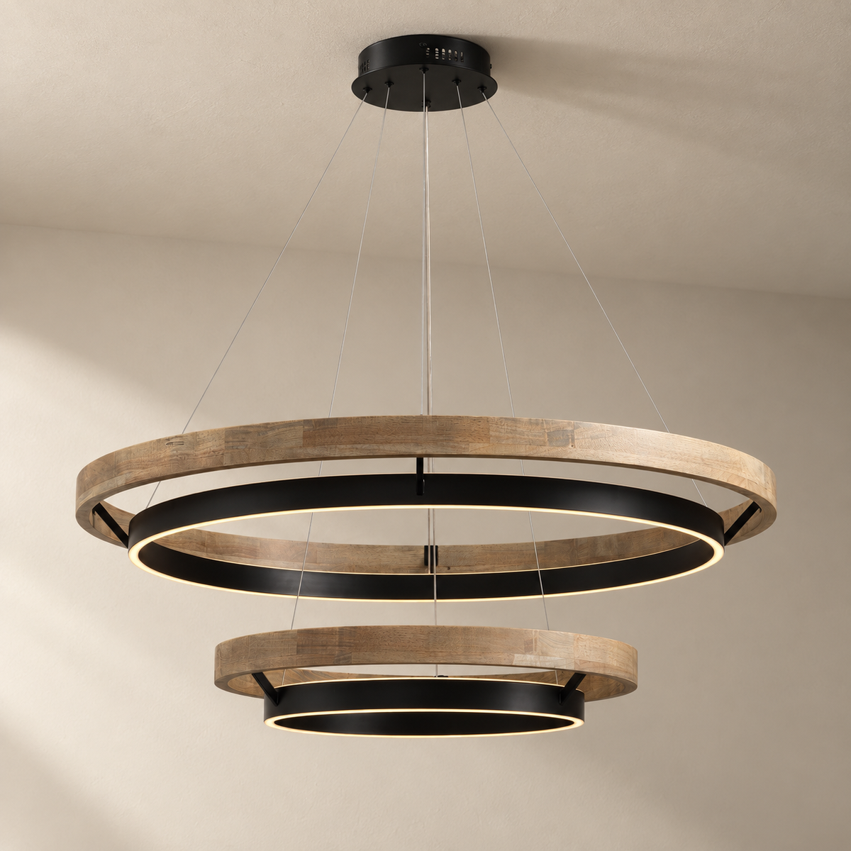 Espargos circular LED ceiling light, weathered wood, two tiers, 100 and 60 cm, on a plain ceiling.