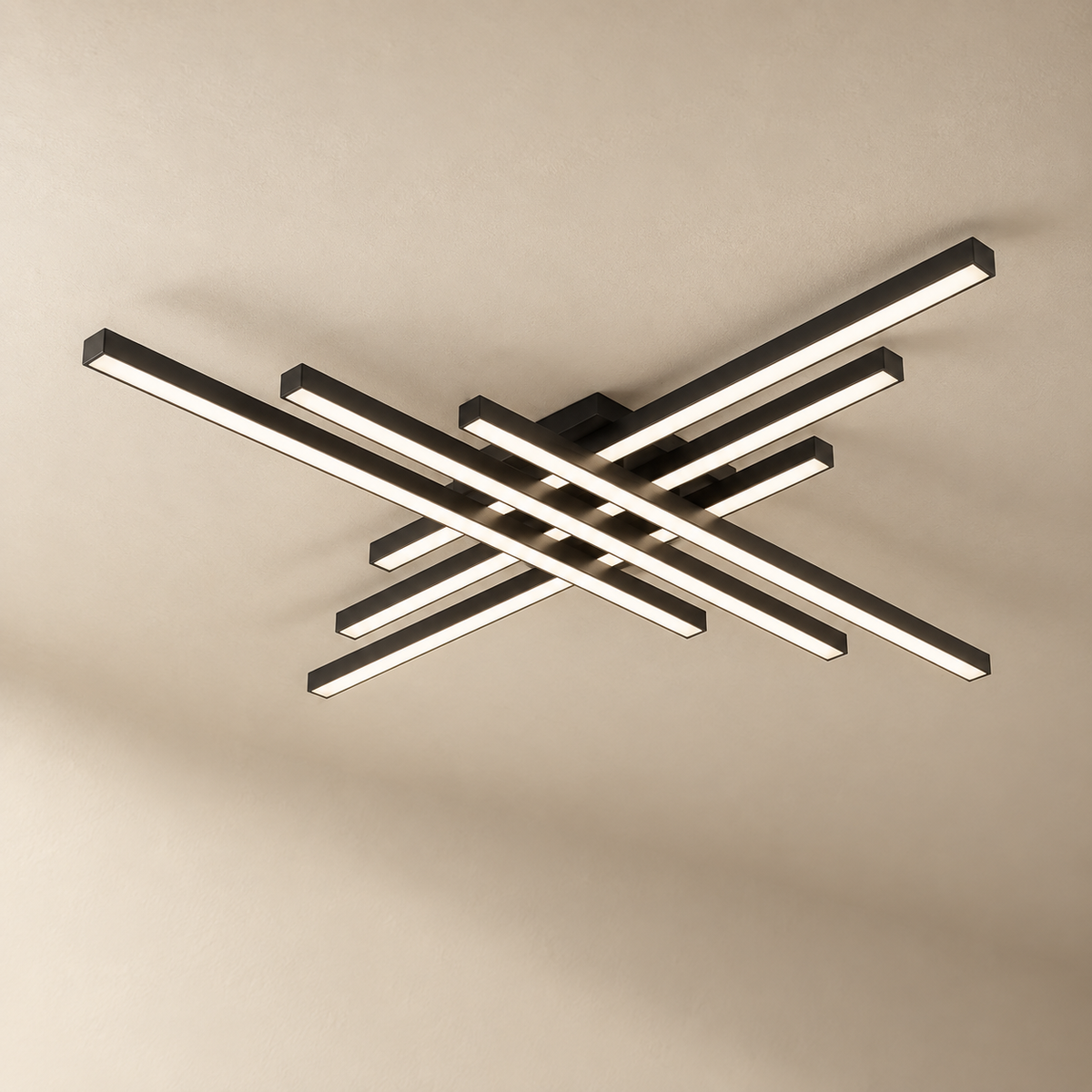 Esposende linear flush mount ceiling light in black, six bar version, on a plain ceiling.