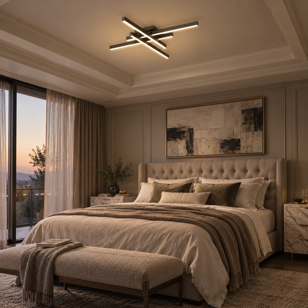 Esposende linear flush mount ceiling light in black, in a bedroom.
