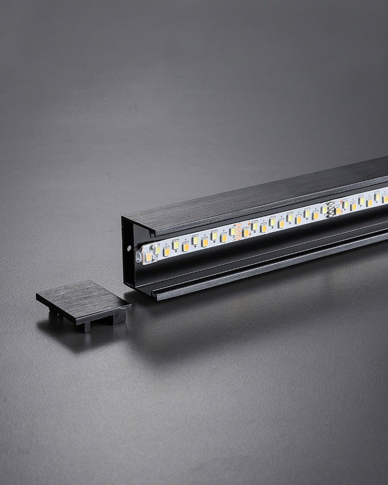Esposende linear flush mount ceiling light, close detail of the finish and fittings, the open channel and its LED strip.
