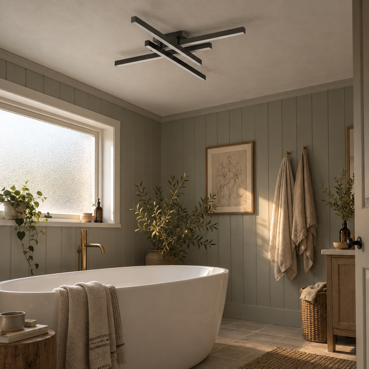 Esposende linear flush mount ceiling light in white, in a bathroom.