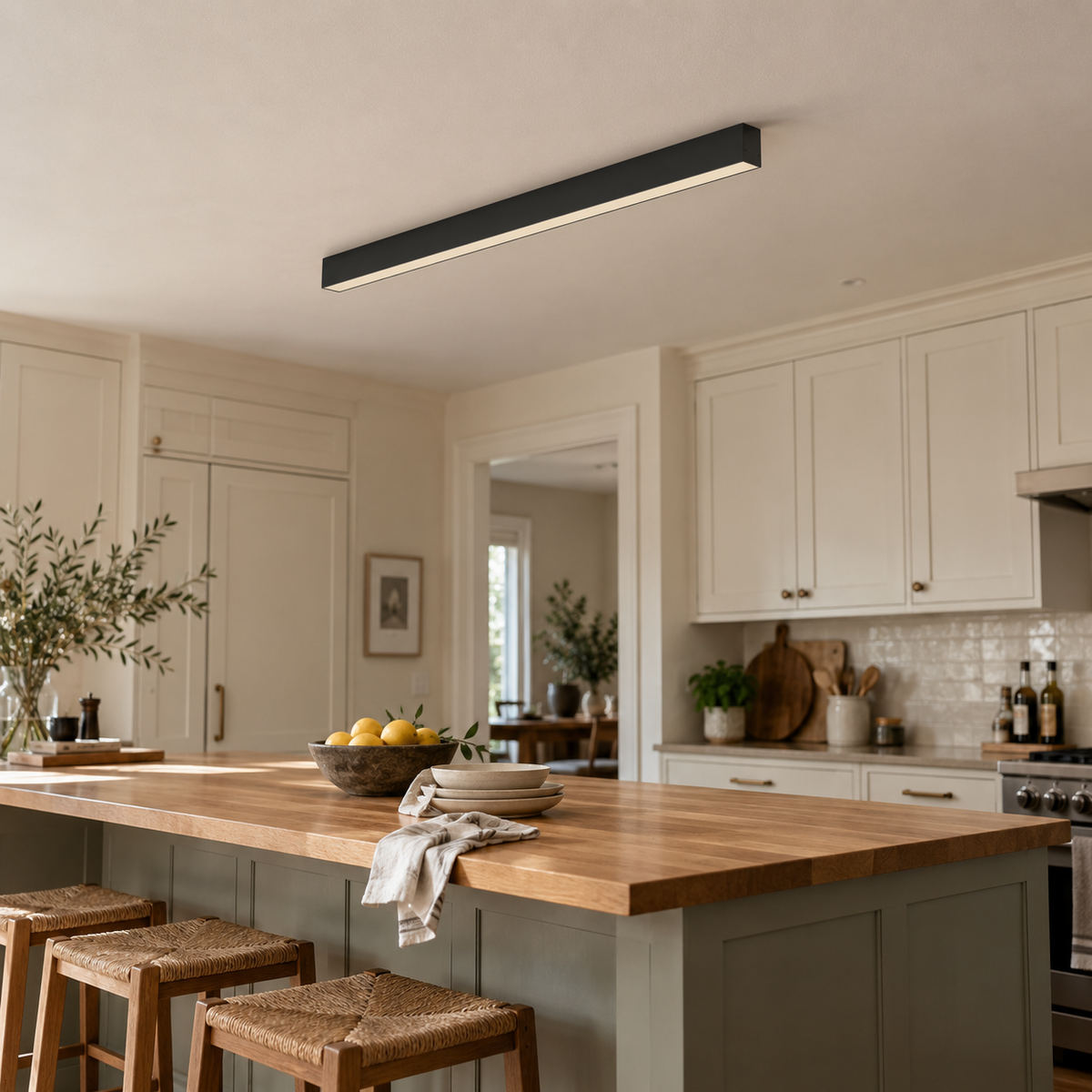 Estarreja linear ceiling light in black, in a kitchen.