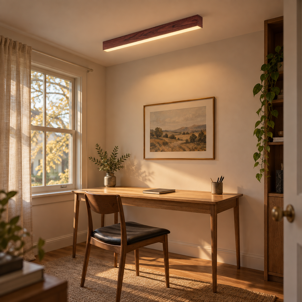 Estarreja linear ceiling light in walnut, in a study.