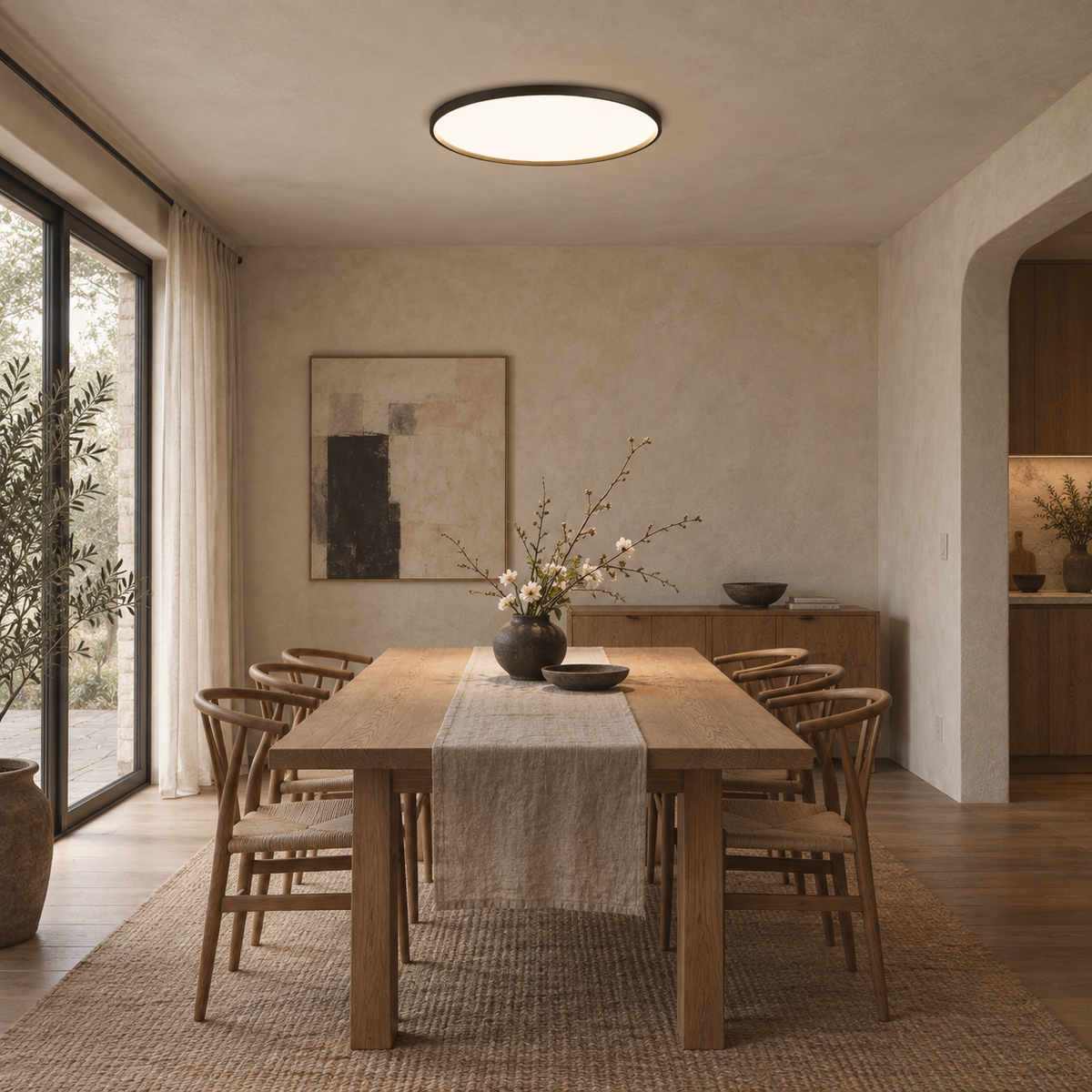 Estorãos flat round flush mount ceiling light in black, in a dining room.