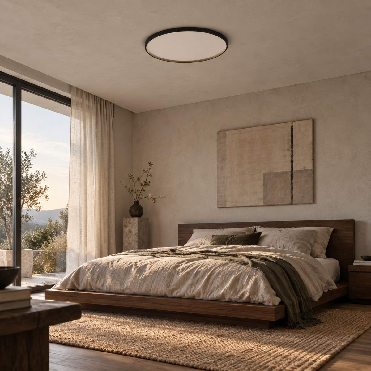 Estorãos flat round flush mount ceiling light in black, in a bedroom.