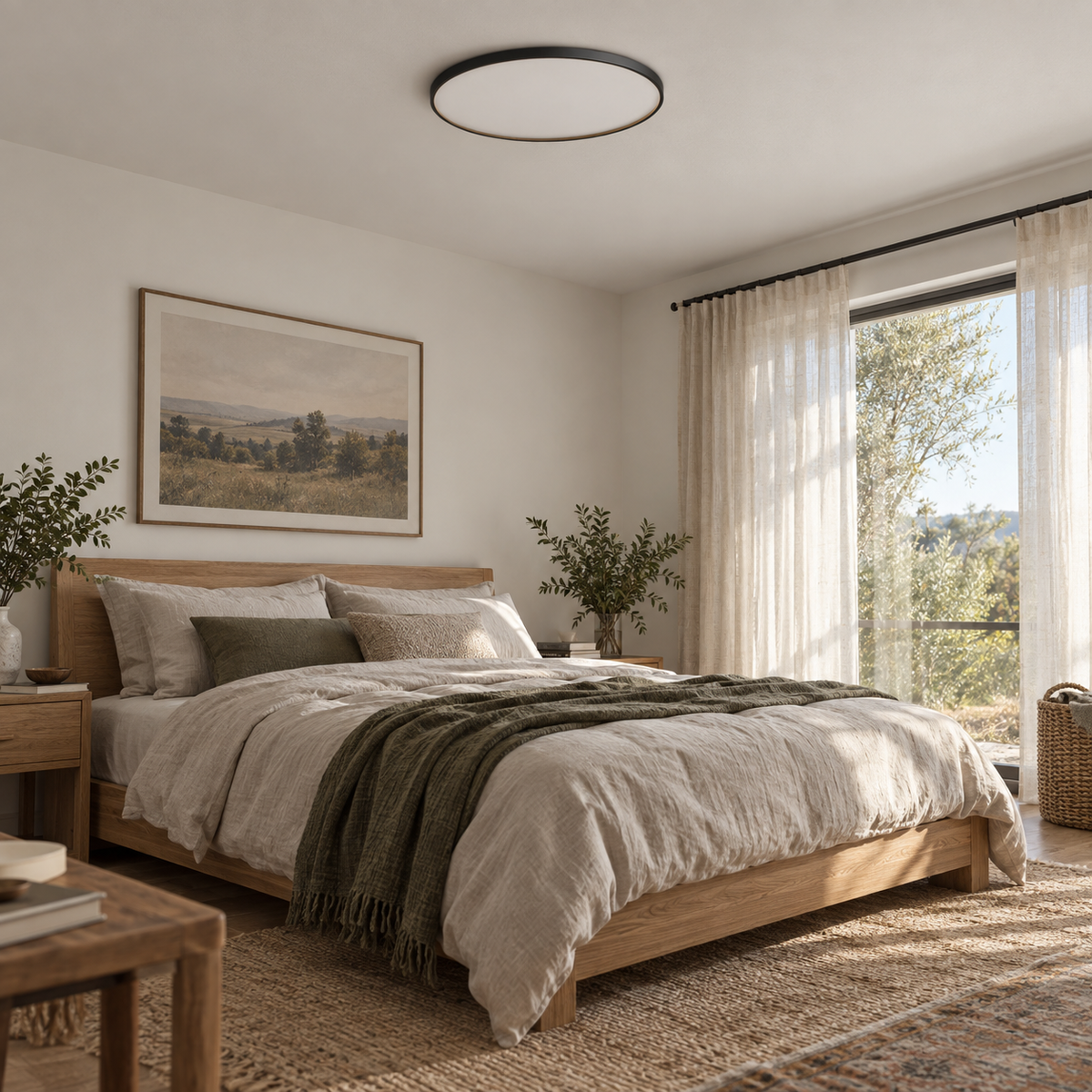 Estorãos flat round flush mount ceiling light in black, in a bedroom, beside a bed.