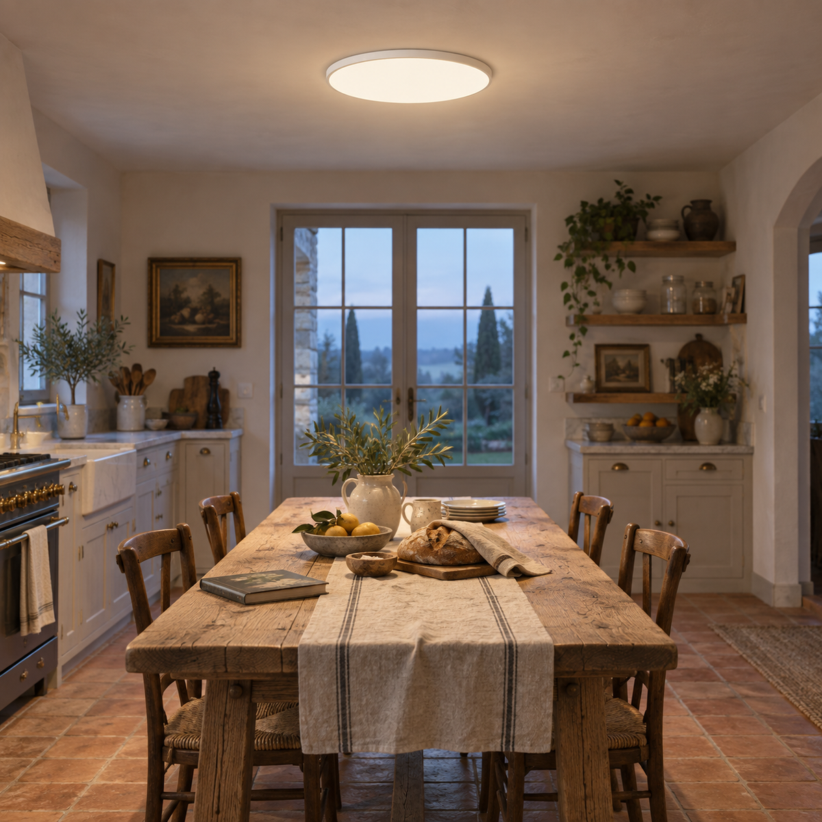Estorãos flat round flush mount ceiling light in white, in a kitchen.