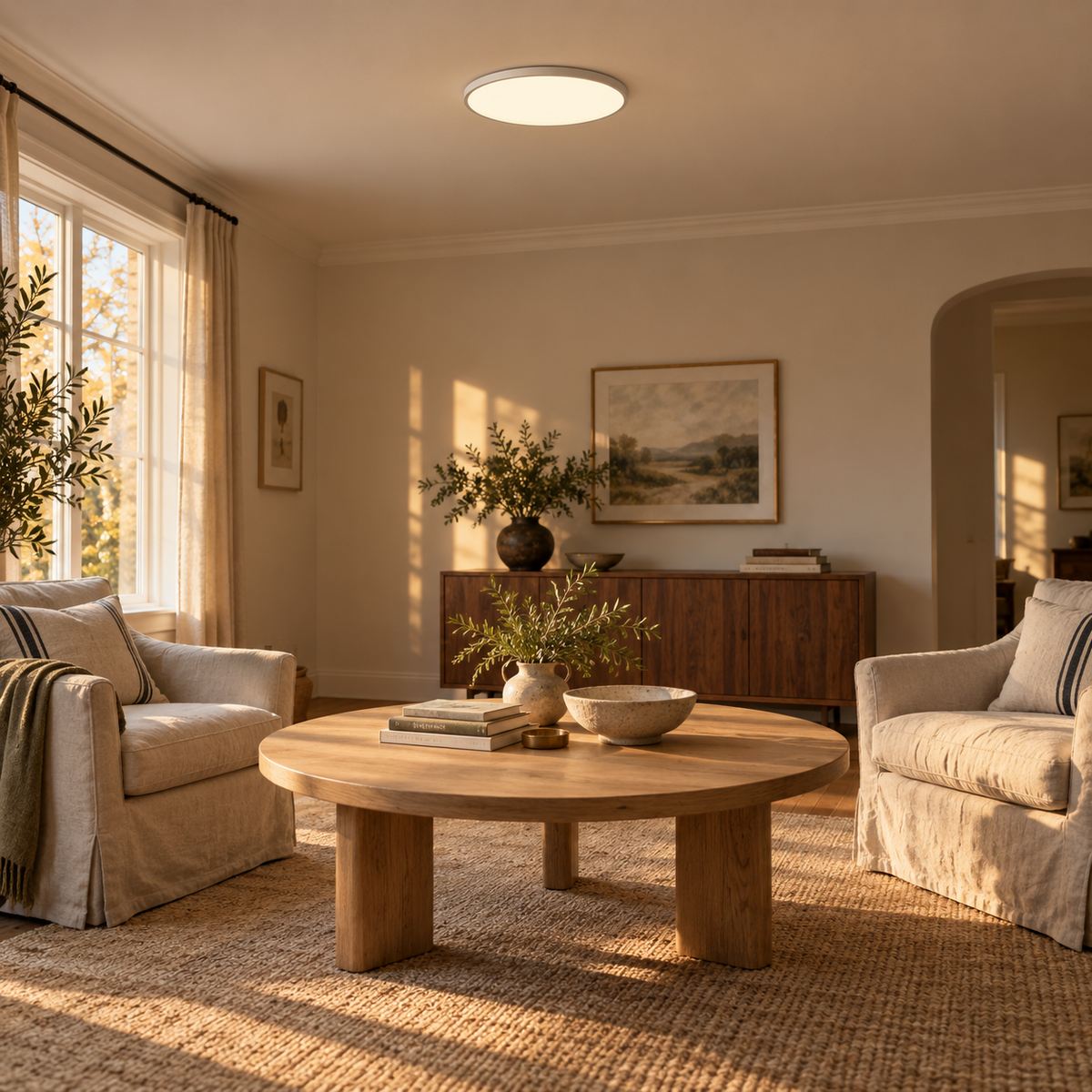 Estorãos flat round flush mount ceiling light in white, in a living room.