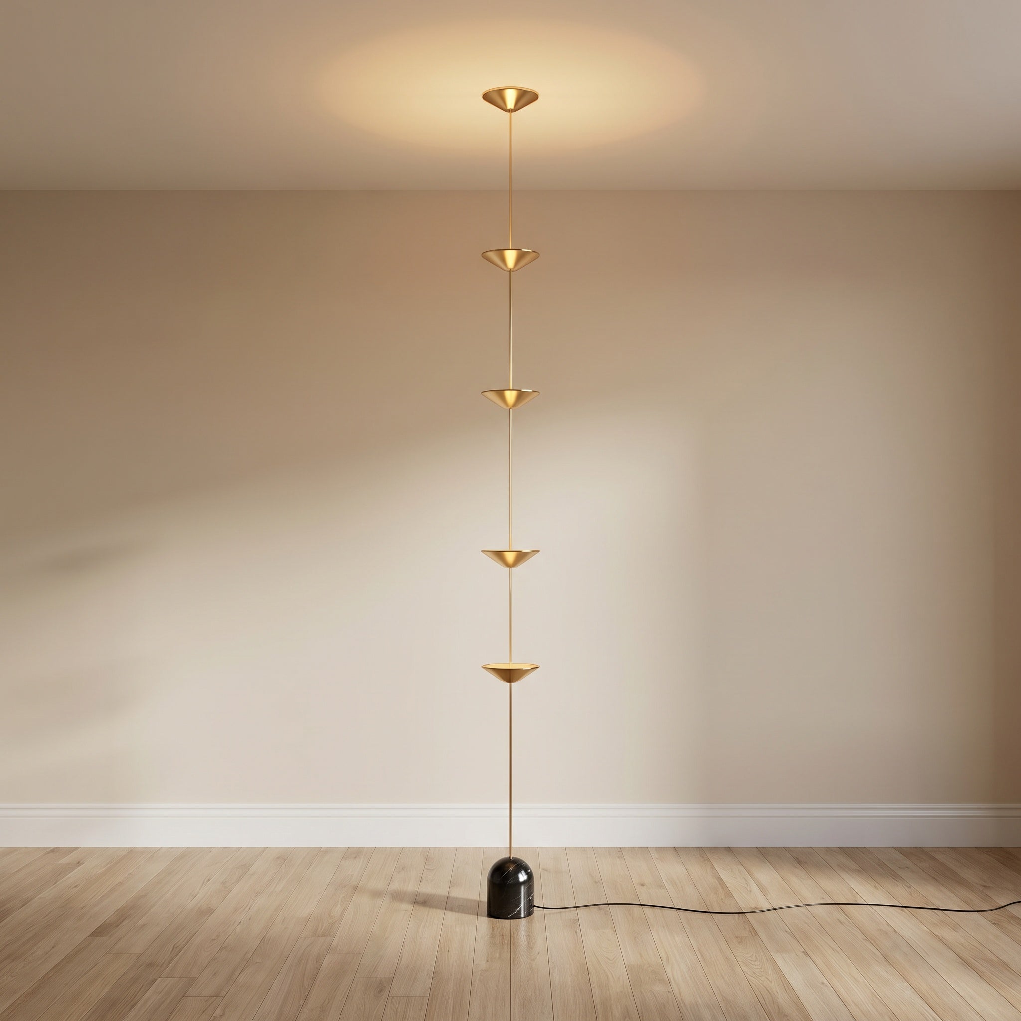 Tension-mount floor-to-ceiling gold lamp with four disc shades, product shot.