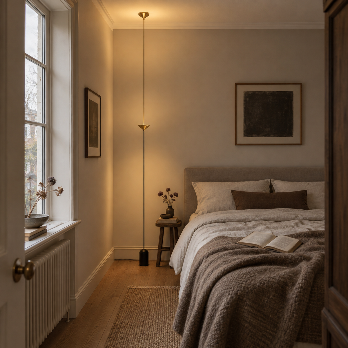Évora adjustable multi-light floor lamp, in a bedroom.