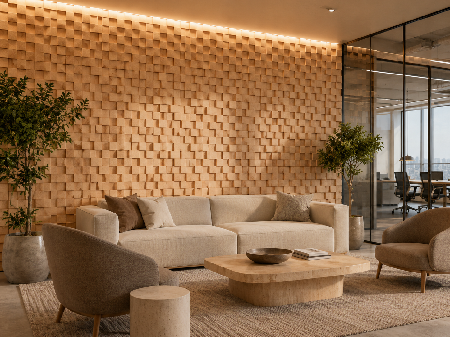 Farol pine wood panel installed on a feature wall, natural texture.