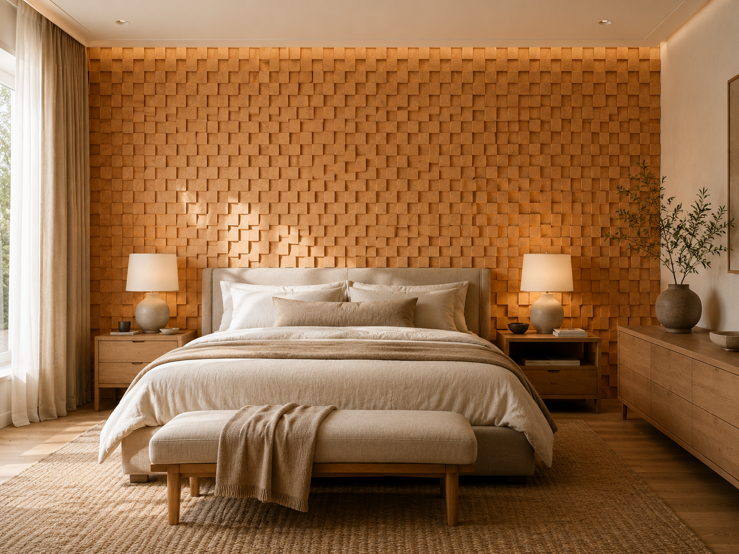 Farol pine wood panel detail, blocks at varying depths in warm light.