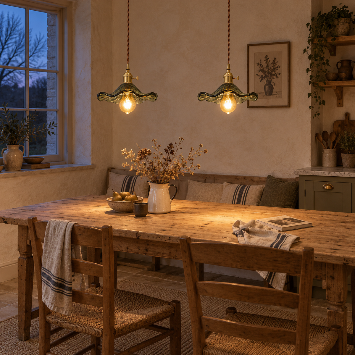 Ferragudo glass flower plug-in pendant light in brown, hung as a row of 2 in a kitchen.