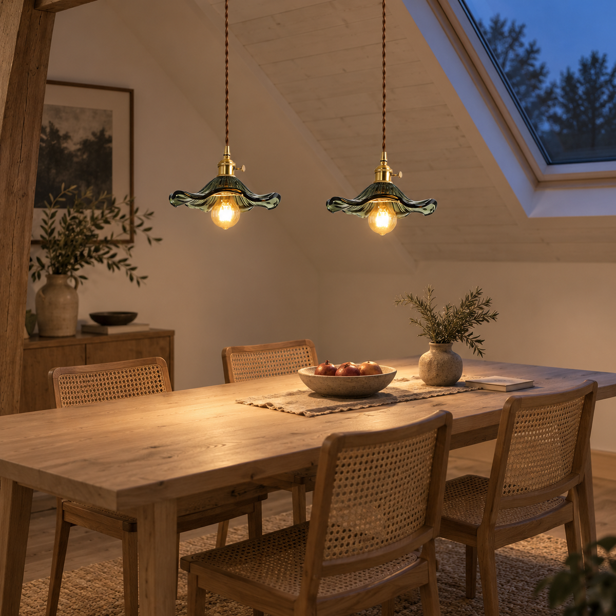 Ferragudo glass flower plug-in pendant light in green, hung as a row of 2 in a dining corner.