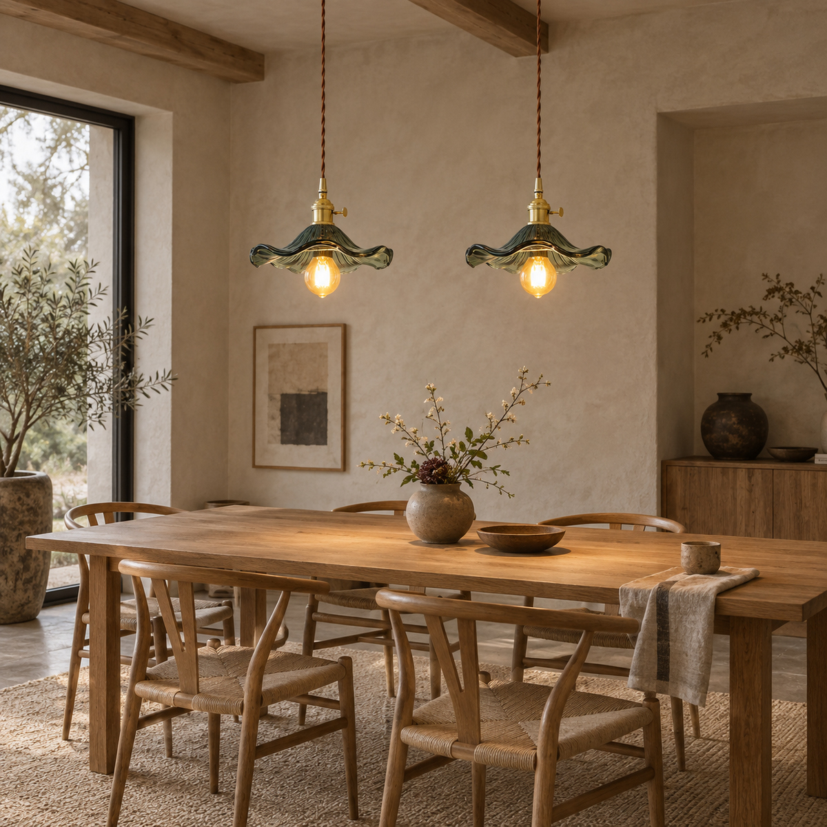 Ferragudo glass flower plug-in pendant light in green, hung as a row of 2 in a dining room.