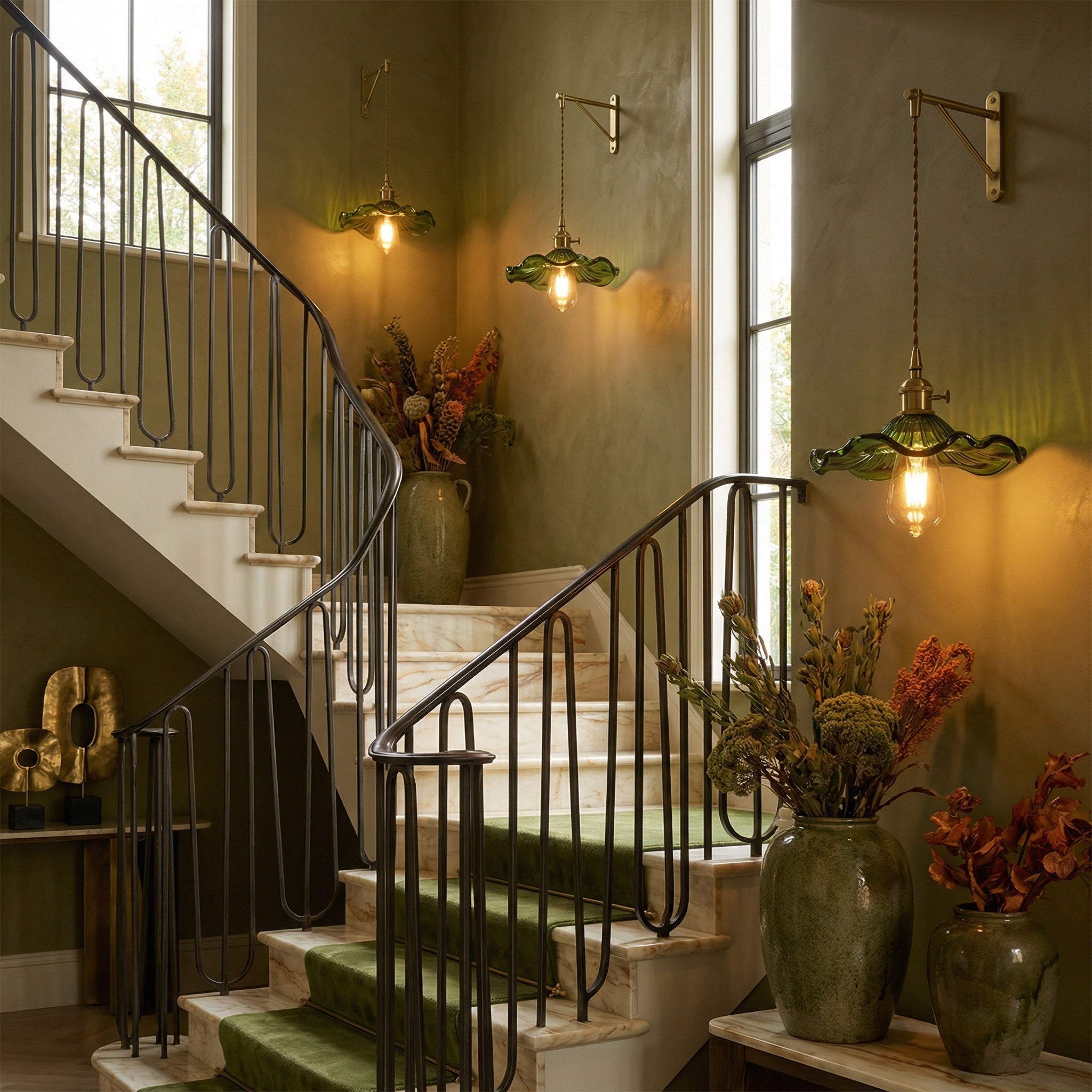 Ferragudo green glass flower light on a staircase wall with dried flower vases