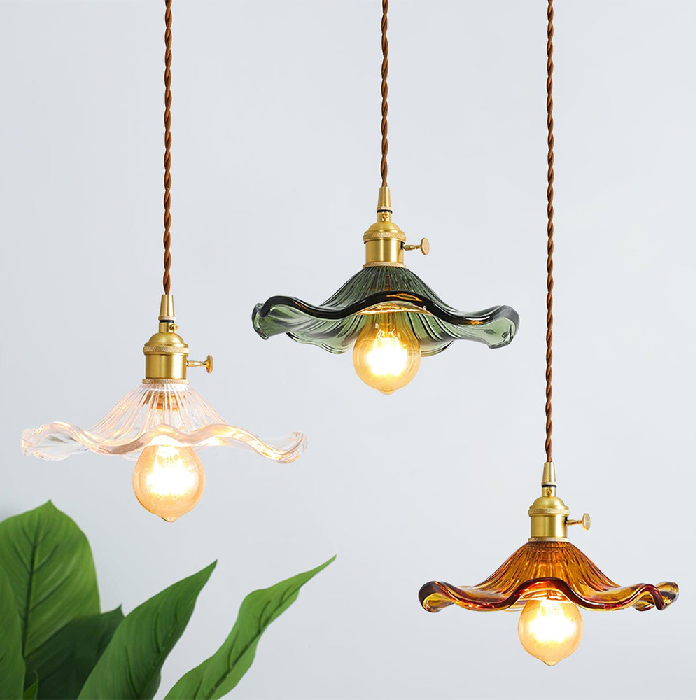 Ferragudo glass flower pendant lights in clear, green and brown hung together by a plant