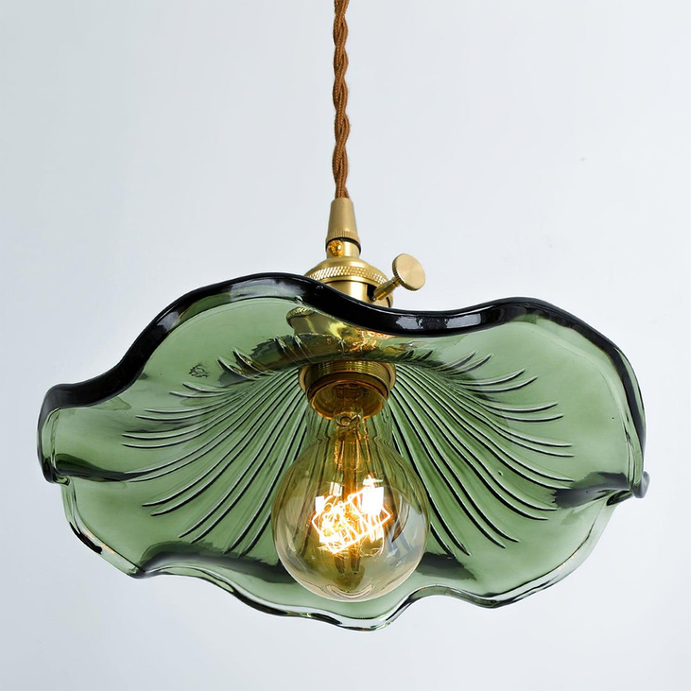 Ferragudo green glass flower pendant light side view showing ribbed petal shade form