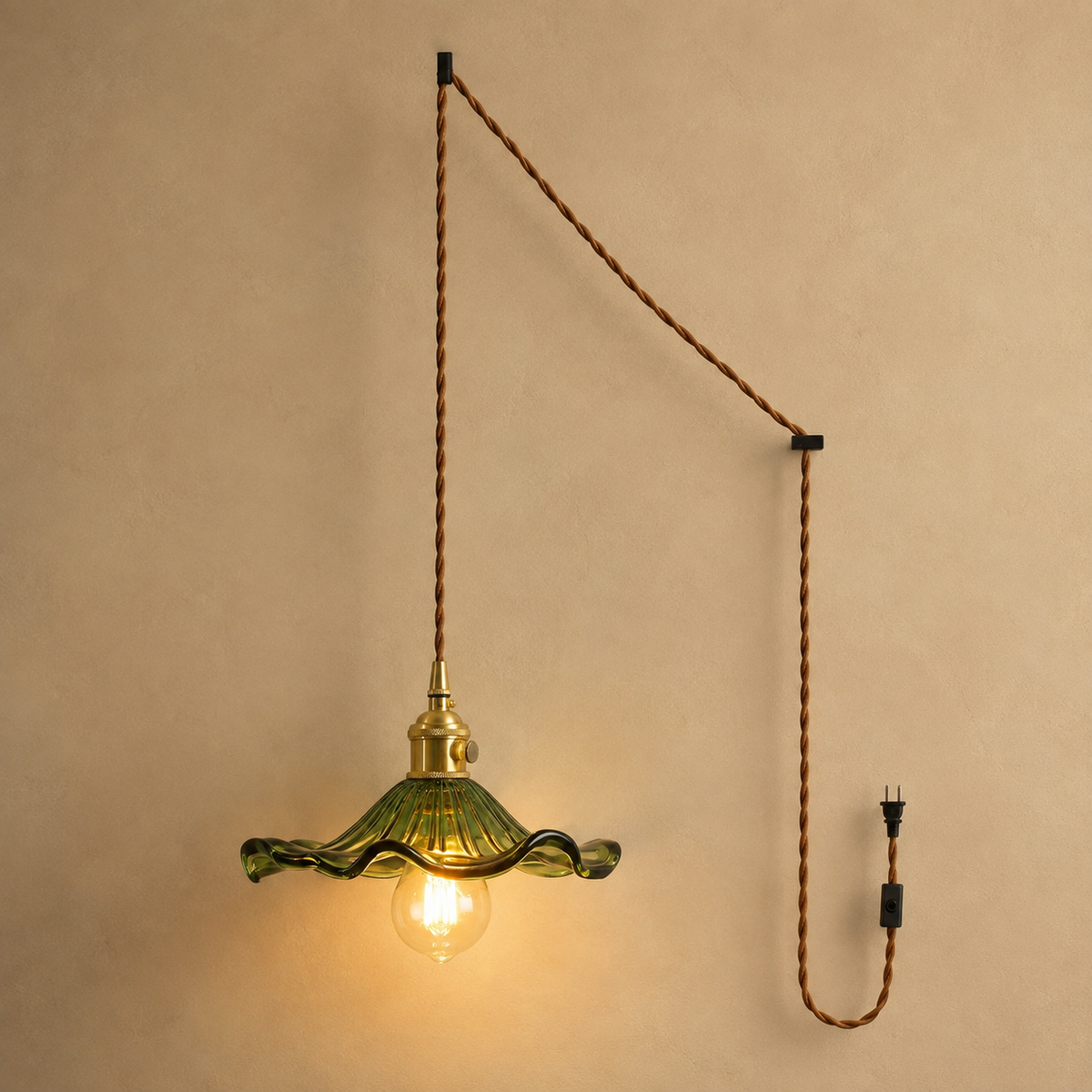 Ferragudo green glass pendant swag kit with brown twisted cord, two hooks, inline switch and wall plug.