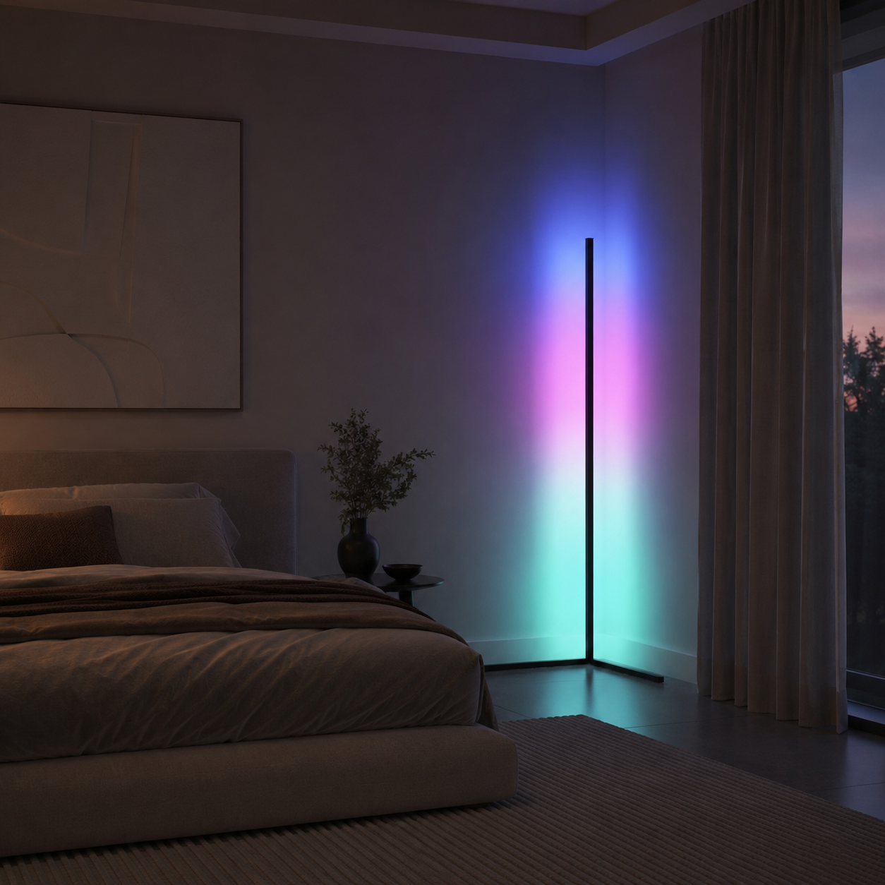 Corner LED floor lamp projecting blue and pink light onto bedroom walls at night.