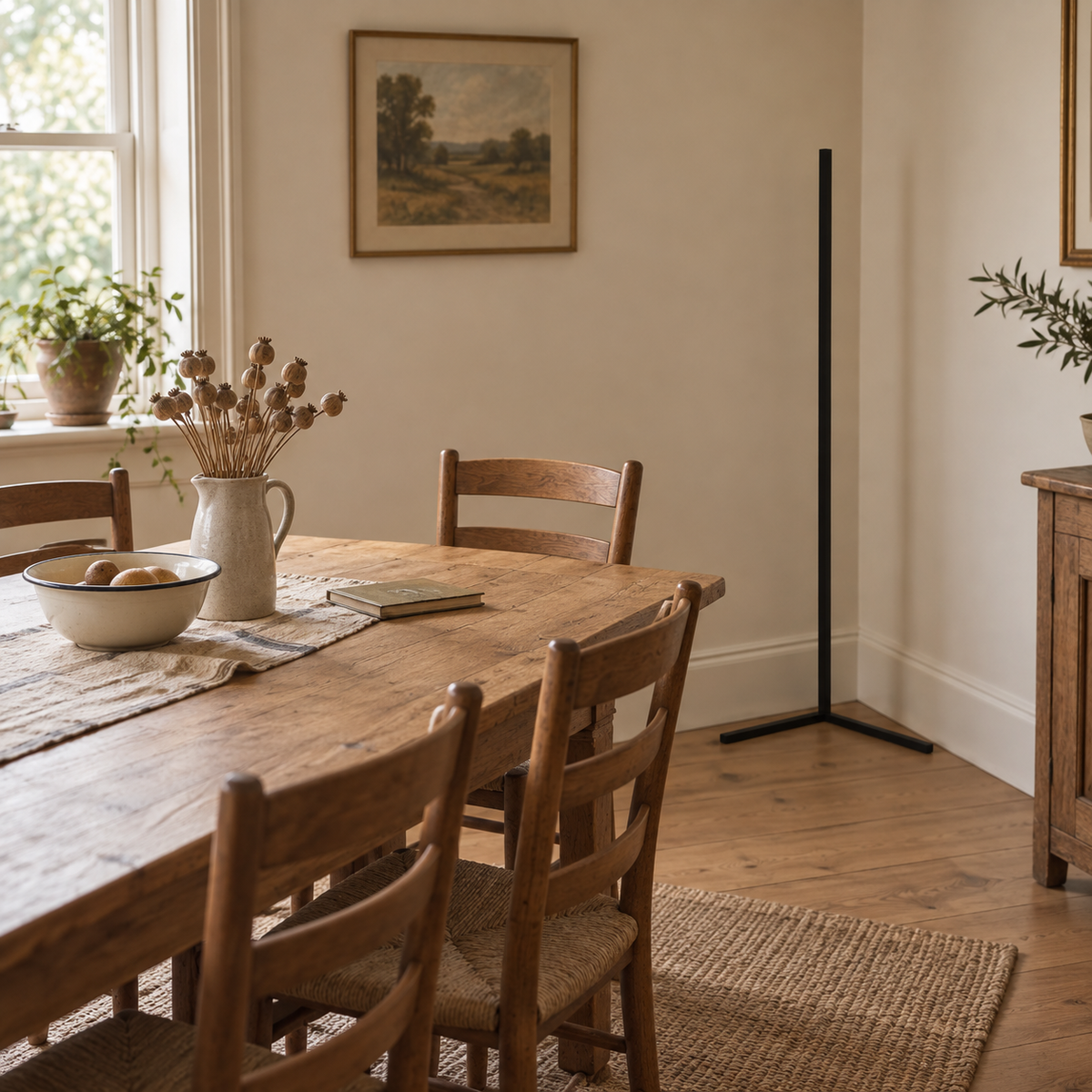 Funchal slim RGB LED floor lamp in black, in a dining room.