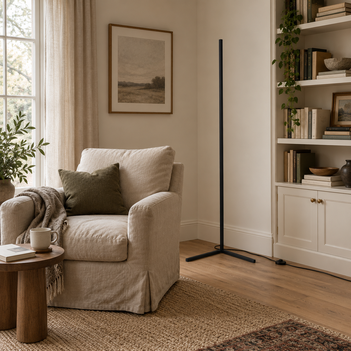 Funchal slim RGB LED floor lamp in black, in a reading nook.