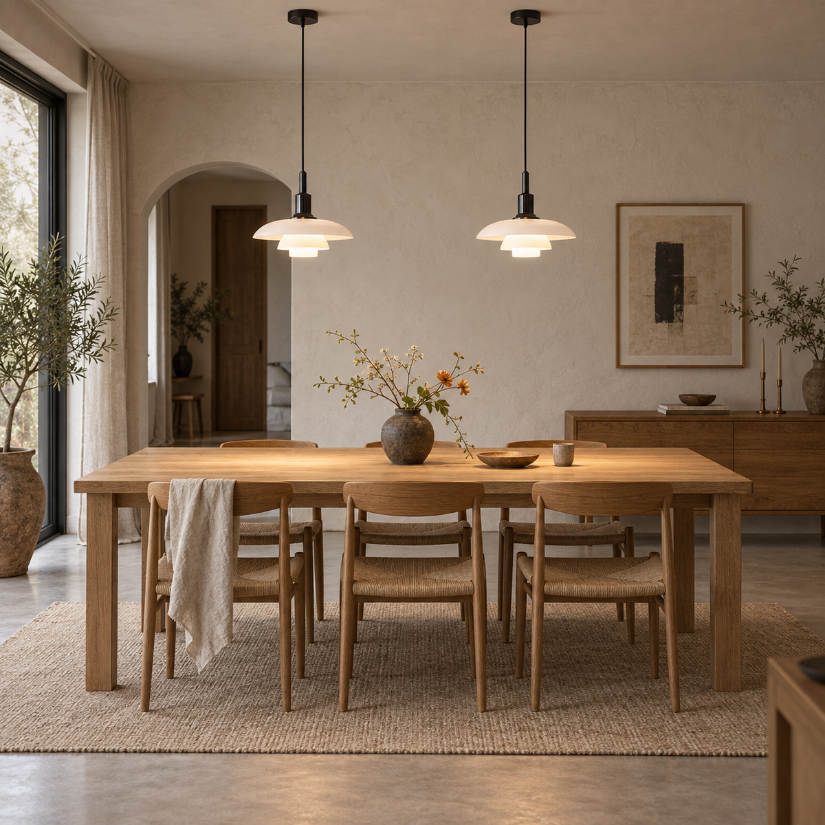 Fundão round ceiling light in black, hung as a row of 2 in a dining room.