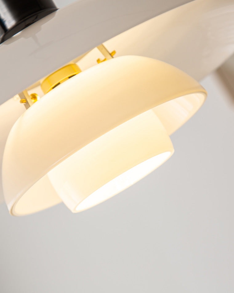 Fundão round ceiling light, close detail of the finish and fittings, the lit shade and its trim.
