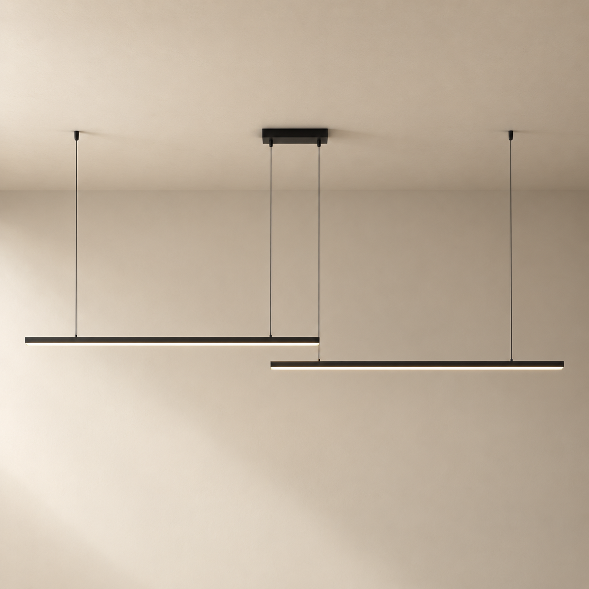 Góis linear LED ceiling light in black, two bars, 220 cm overall, on a plain ceiling.