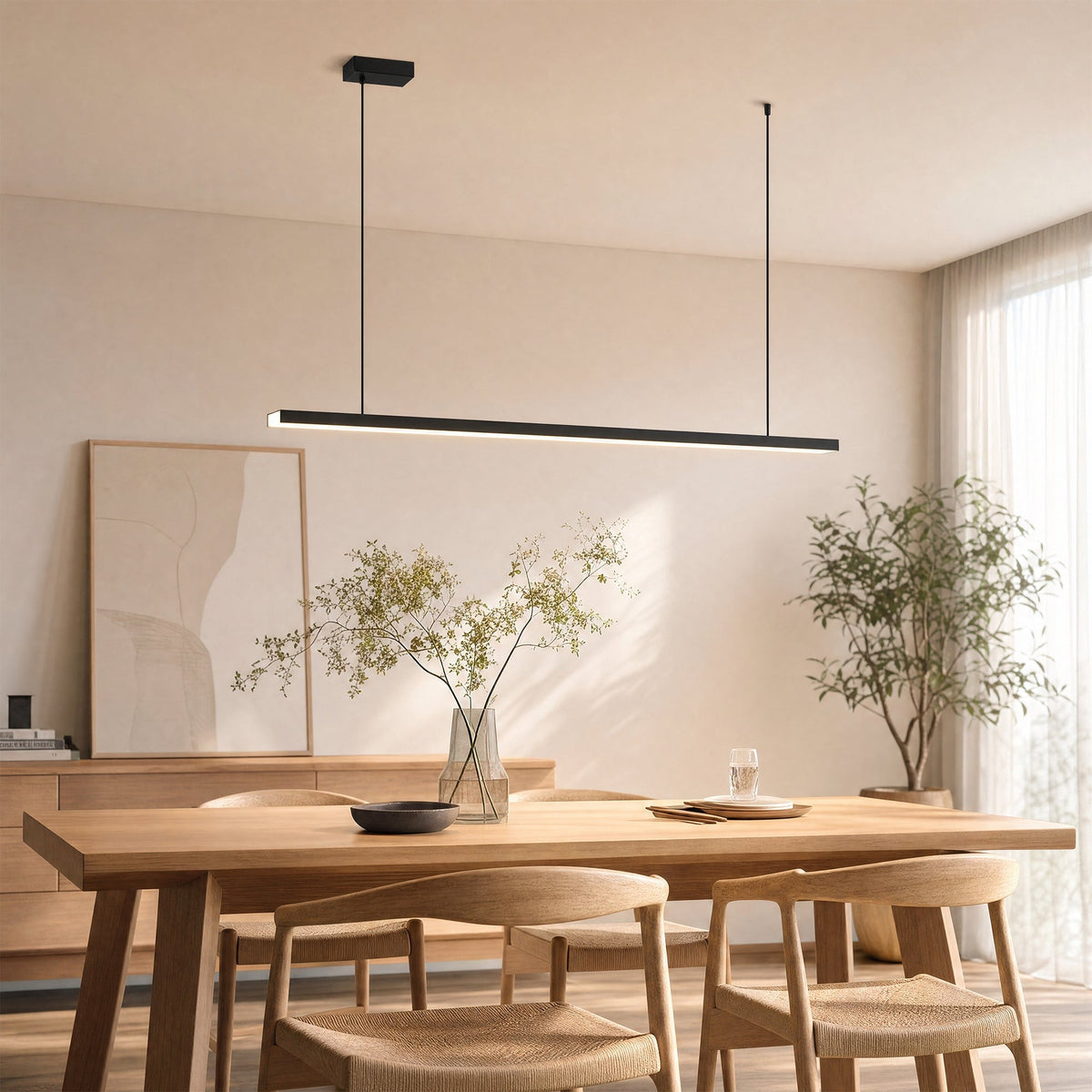 Góis linear LED ceiling light, in a dining room, above a long table with plants.