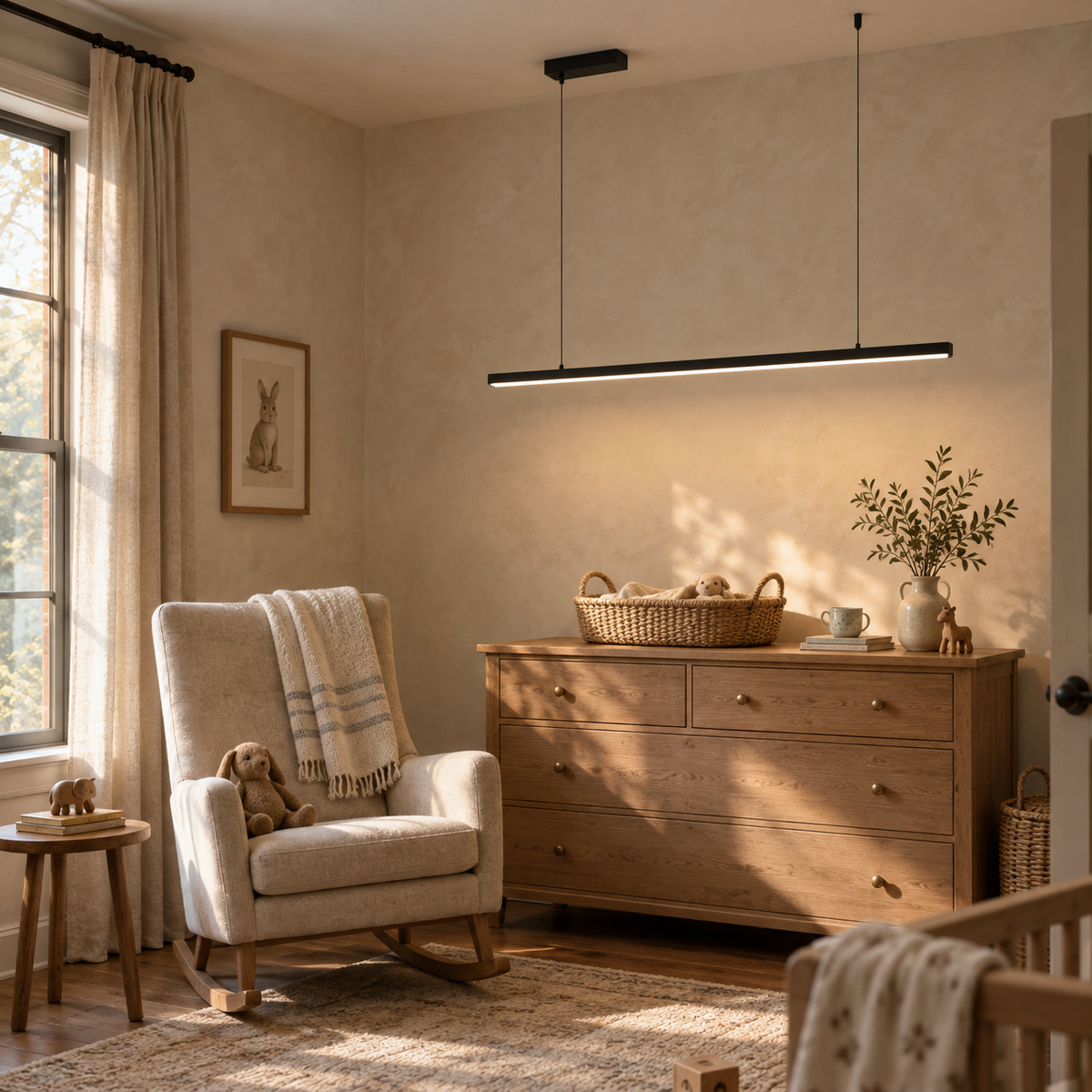 Góis linear LED ceiling light in white, in a nursery.