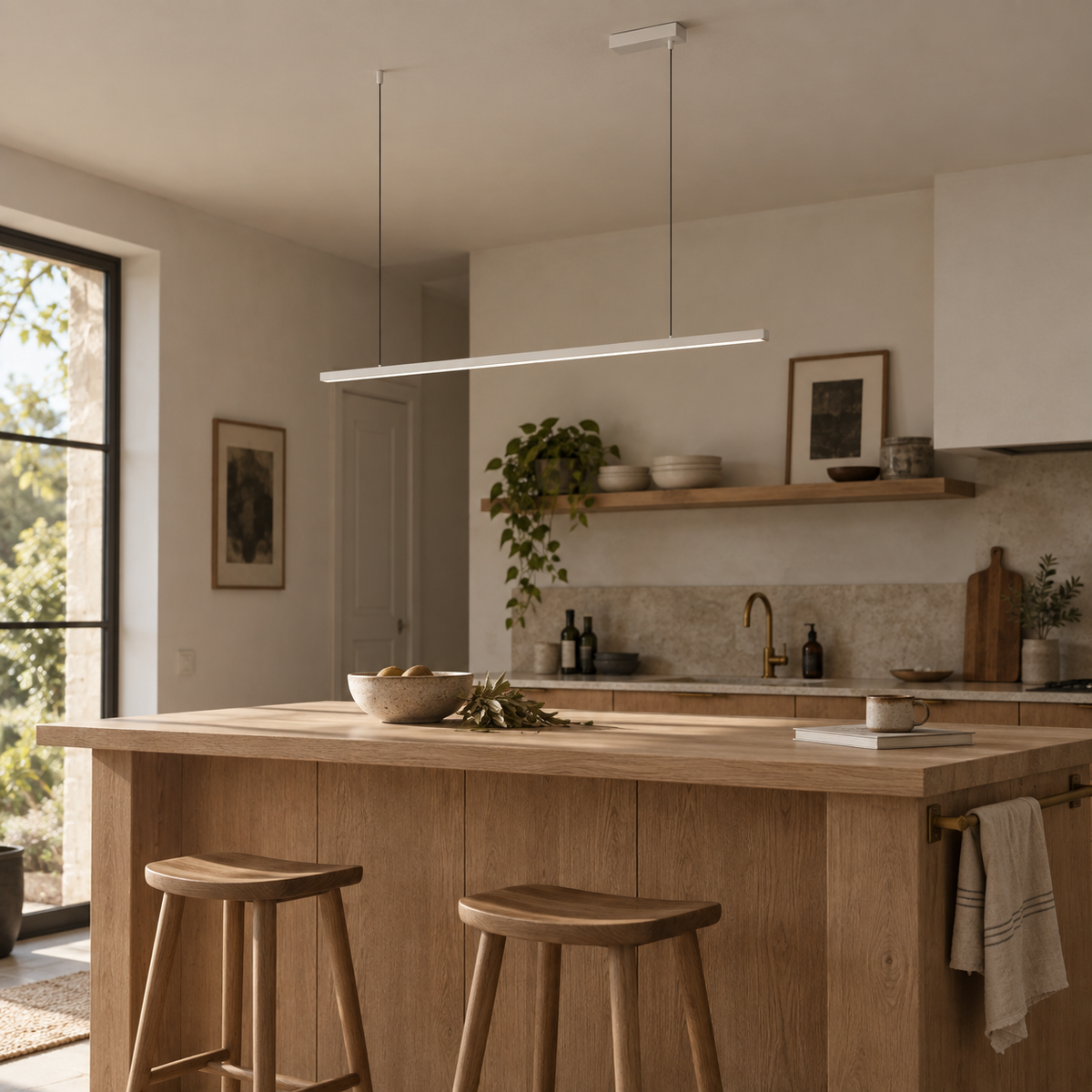 Góis linear LED ceiling light in white, in a kitchen.