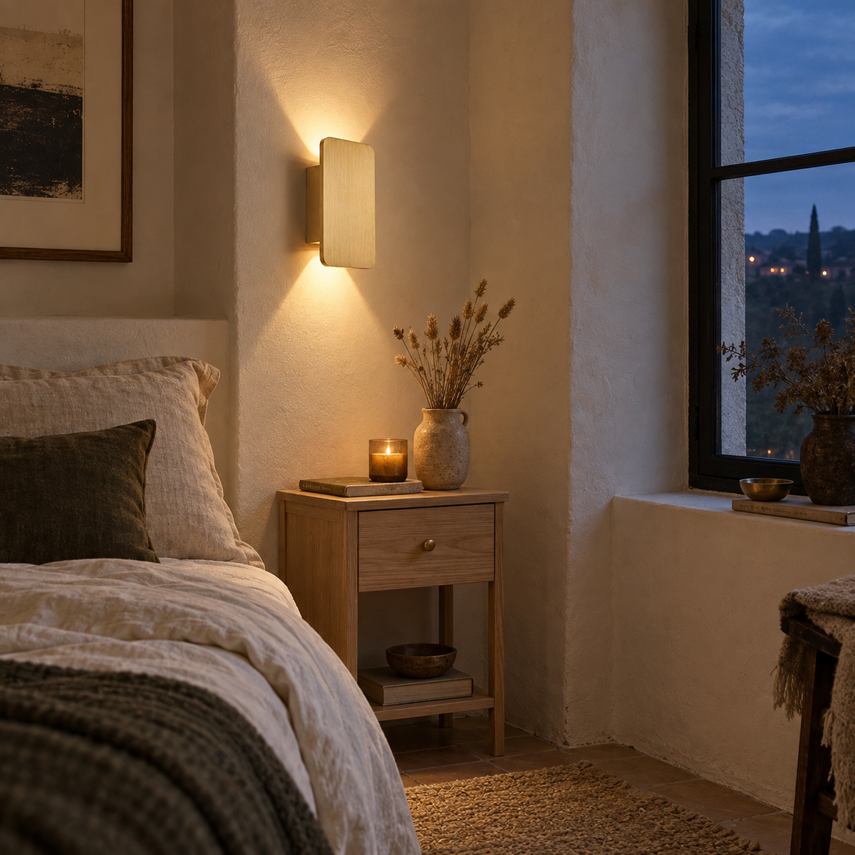 Guarda minimalist aluminum 2-light LED wall sconce, neutral light, beside a nightstand.