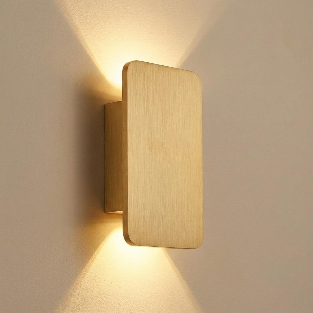 Guarda. wall sconce in gold, brushed aluminum panel casting warm light up and down