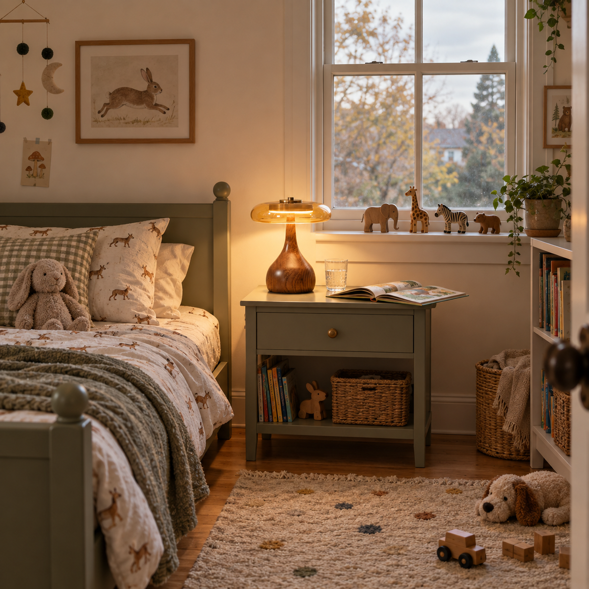 Guimarães wood table lamp, in a bedroom.