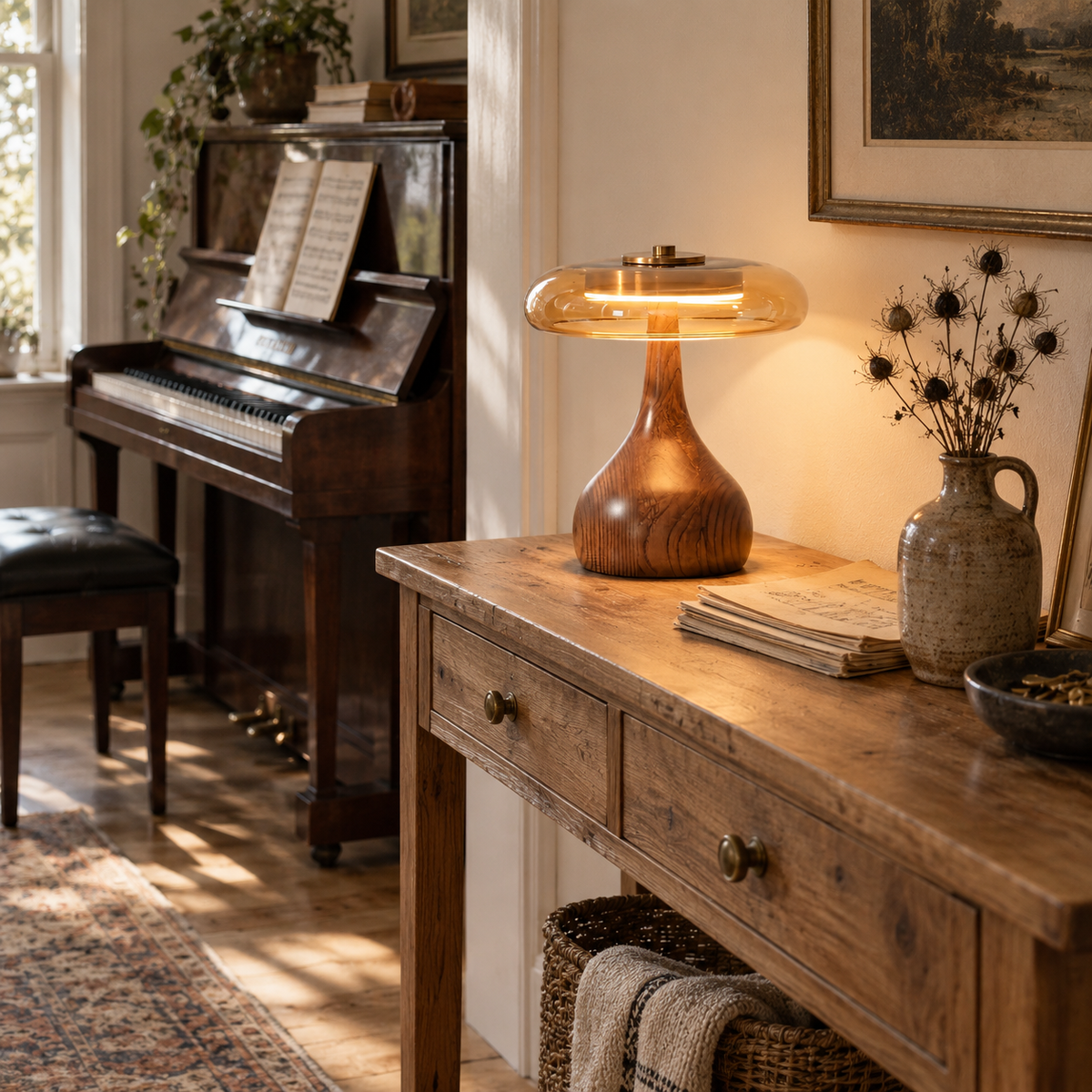 Guimarães wood table lamp, beside a console table, beside a console table.